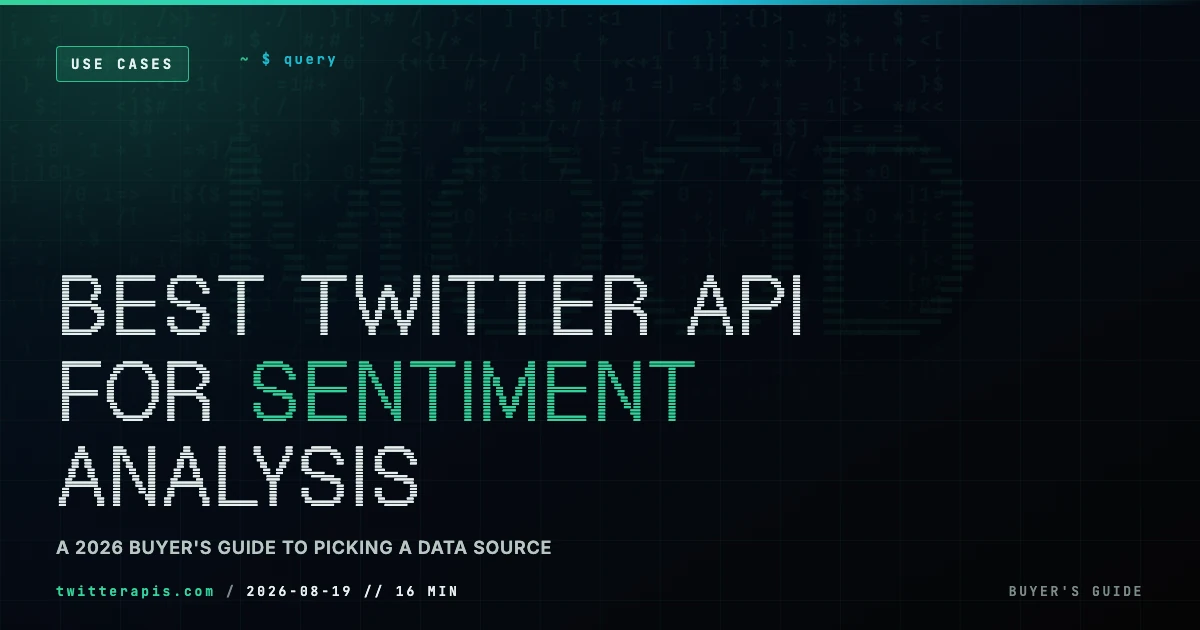 Best Twitter/X API for Sentiment Analysis: A 2026 Buyer's Guide Comparison of Twitter and X data APIs for sentiment analysis in 2026, ranked by cost per 1,000 tweets, rate-limit headroom, and metadata richness