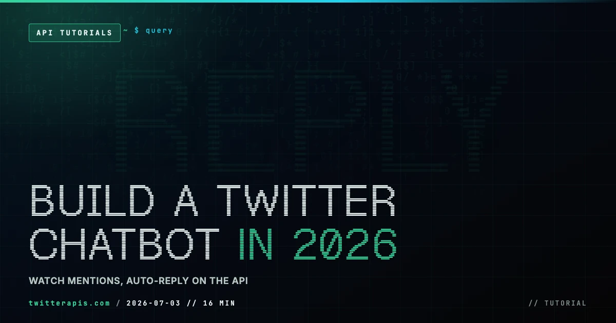 How to Build a Twitter (X) Chatbot on an API in 2026 How to build a Twitter X chatbot on an API in 2026 that watches mentions and auto-replies, covering the two endpoints, the poll filter generate reply loop, code, and per-call cost