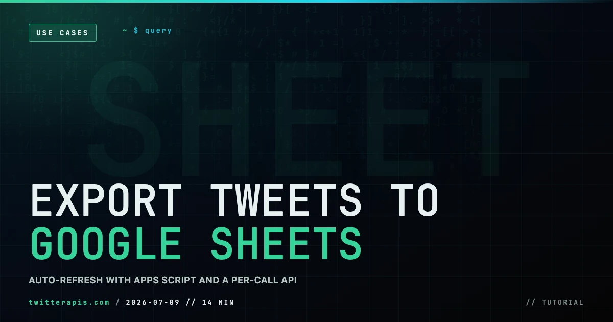 How to Export Tweets to Google Sheets Automatically in 2026 How to export tweets to Google Sheets automatically in 2026, pulling a search query or a user's tweets into a spreadsheet with Google Apps Script and a per-call data API on a scheduled trigger