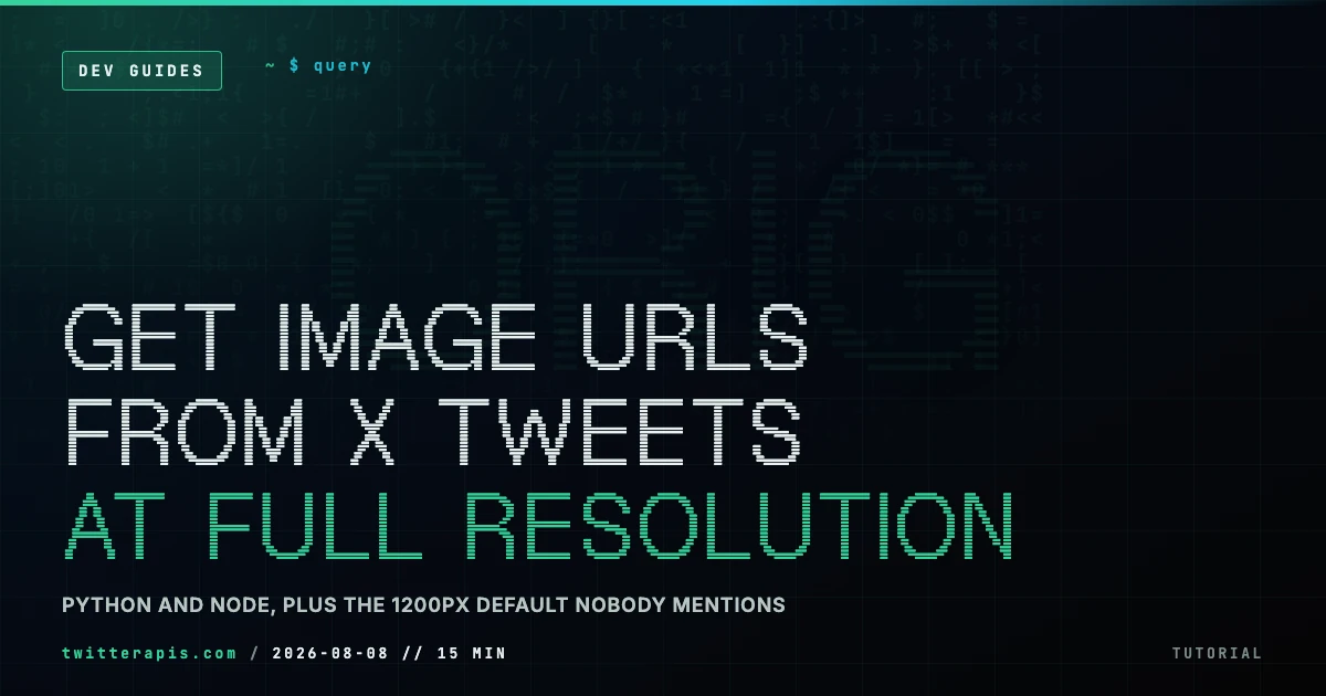 How to Get Image URLs from X Tweets via API in 2026 (Full Resolution, Python and Node) How to get image URLs from X tweets via API in 2026, covering the media object fields, full-resolution sizing on the image CDN, and the per-call cost in Python and Node.js