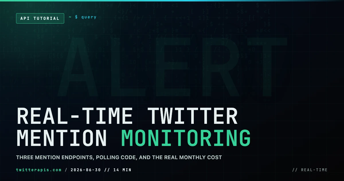 Guide to monitoring Twitter X mentions in real time with an API in 2026 covering the mention endpoints, polling code, Slack alerts, and monthly cost by volume