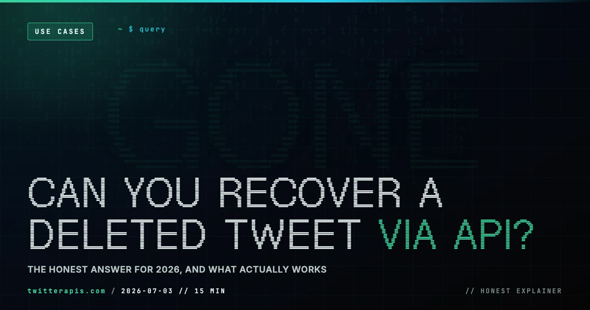 Whether you can recover a deleted tweet via API in 2026, and the three routes that recover a surviving copy plus the capture-before-delete pattern that prevents the loss