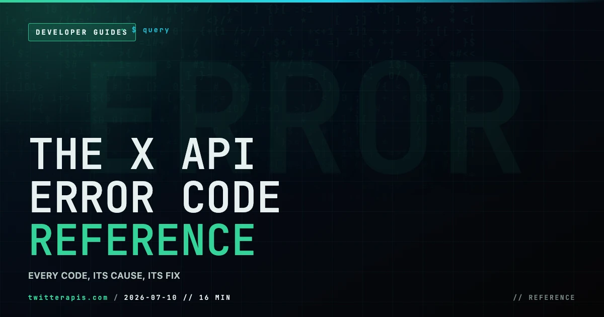 The complete 2026 reference of X (Twitter) API error codes, covering authentication, permission, rate limit, and write errors with the cause and the exact fix for each