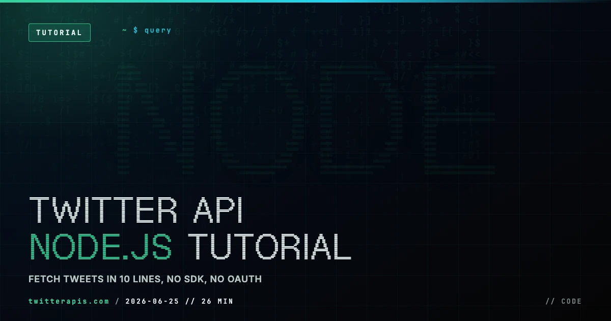 Twitter API Node.js tutorial 2026, fetch tweets in ten lines with no SDK and no OAuth, showing a single fetch call and the per-call cost