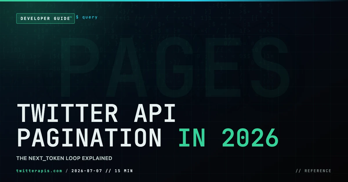 Twitter API pagination in 2026, showing how the official next_token and pagination_token cursor loop works and a simpler single-cursor alternative with per-call costs