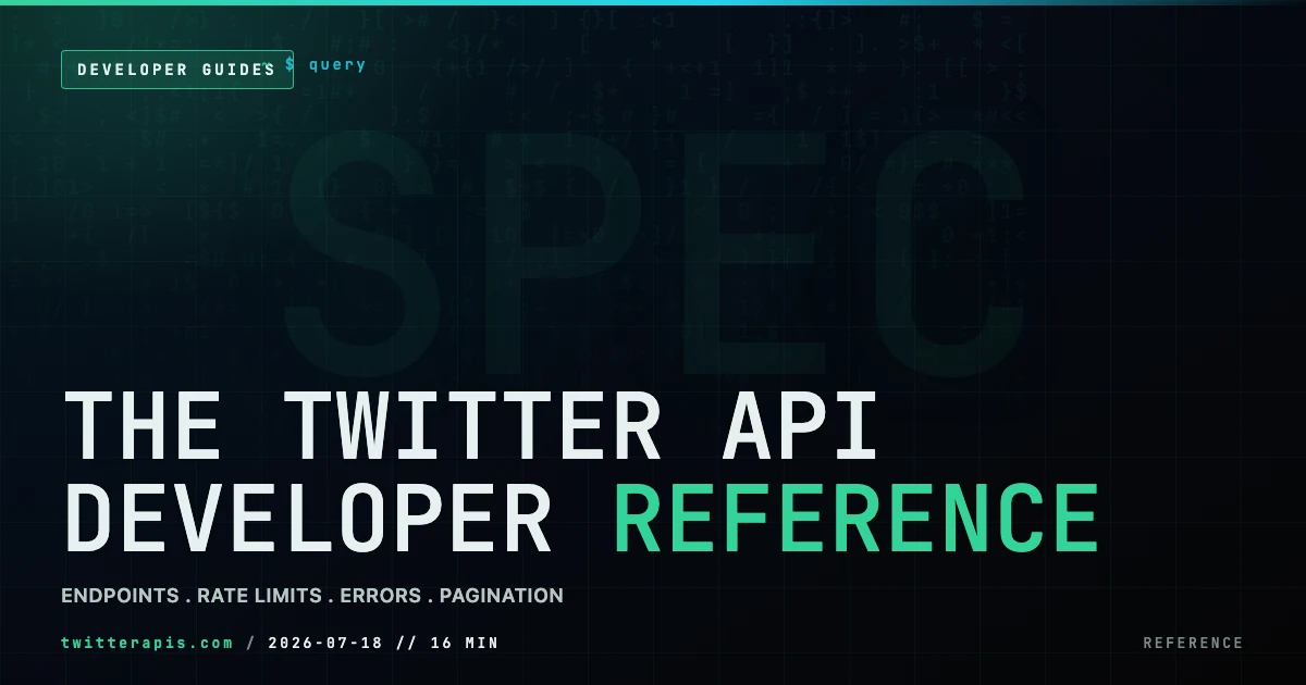 The Twitter API Developer Reference (2026): Endpoints, Rate Limits, Error Codes and Pagination The 2026 Twitter/X API developer reference: an indexed catalog of endpoints, authentication, rate limits, error codes, and cursor pagination, with the per-call cost of each request