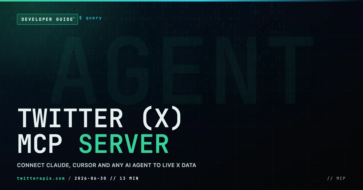 Twitter (X) MCP Server: Connect Claude, Cursor and AI Agents to Live X Data (2026) Twitter X MCP server setup guide for 2026 connecting Claude, Cursor, and AI agents to live X data through one Model Context Protocol server with 40 tools