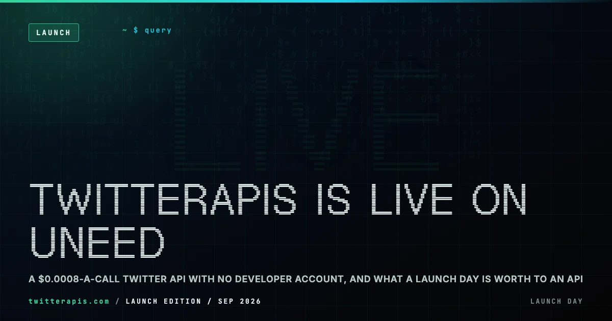TwitterAPIs Is Live on Uneed: A $0.0008 Twitter API With No Developer Account TwitterAPIs is live on Uneed: a pay-per-call Twitter API at $0.0008 a call with no X developer account, and what a launch day is worth to a developer API